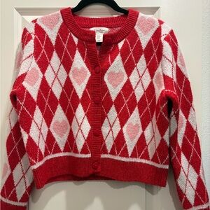 Jessica Simpson Red & Pink Argyle Heart Cardigan